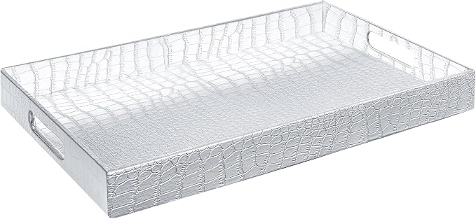 Home Redefined 17.5"x12" Silver Glossy Crocodile Faux Leather Serving Tray by HomeRedefined