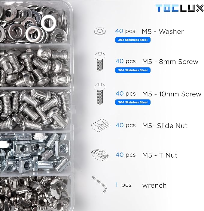 200 pcs 20 Series Aluminum Extrusion Silver M5 T-Nut and Screw Kit – Sliding & - Image 2