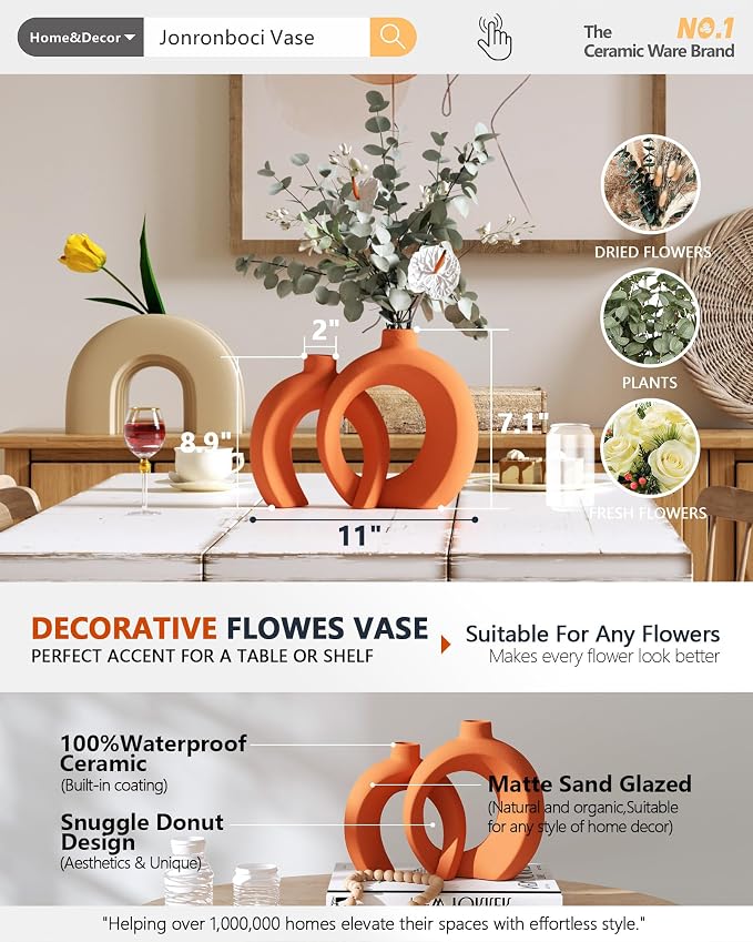 Set of 2 Orange Ceramic Vases for Home Decor Accents - Image 2