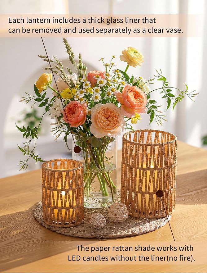 NUPTIO Boho Lanterns, Natural Tone, Glass Cylinder Protection, Coffee Table - Image 3