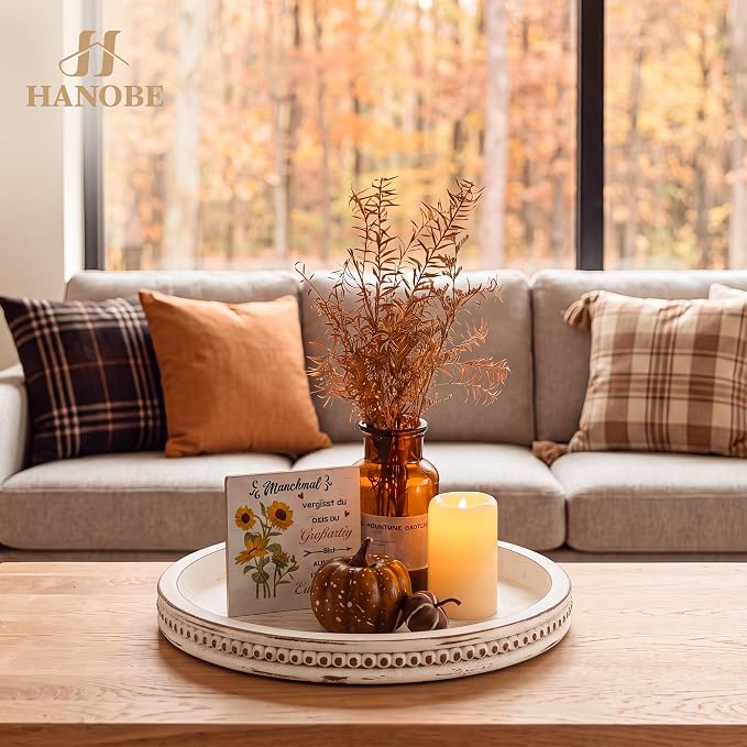 Hanobe Decorative Tray for Coffee Table: 11.8" Round Whitewashed Wood Tray for - Image 8