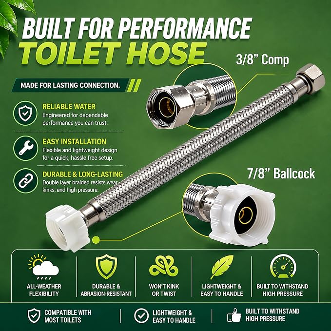 TTFLEX 12" Toilet Water Supply Line Kit 3/8" COMP x 7/8" BC Toilet Hose | - Image 3