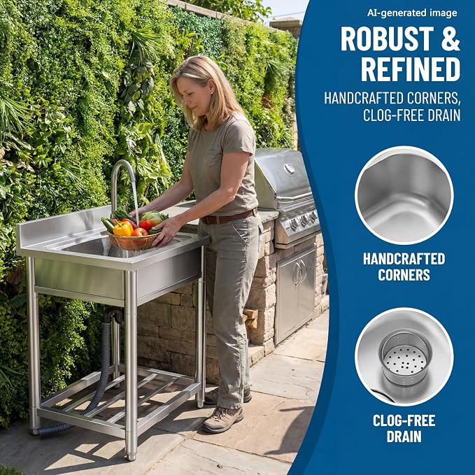 Free Standing Stainless-Steel Single Bowl Commercial Kitchen Sink w/Faucet - Image 7