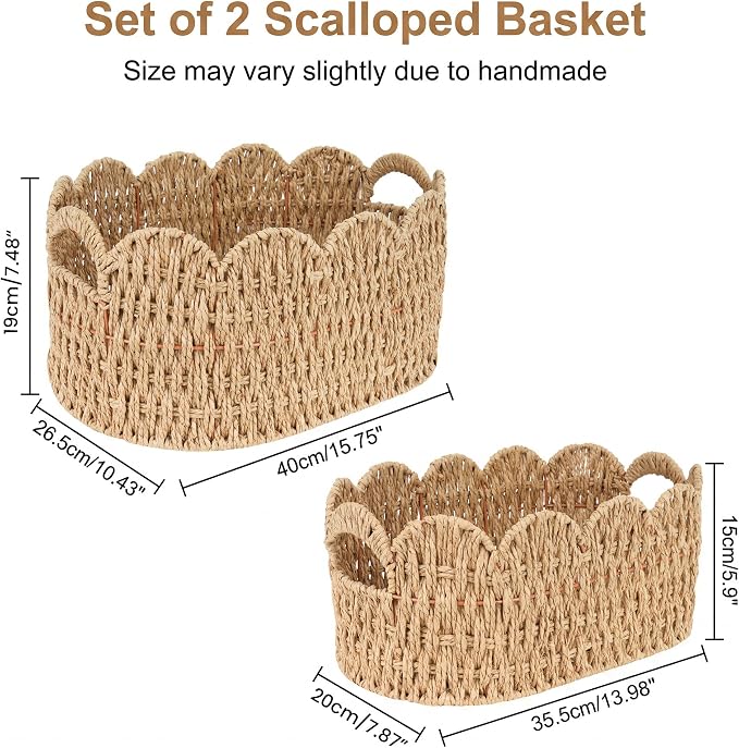 iEGrow Paper Rope Scalloped Basket, Cute Boho Oval Baby Baskets - Image 2