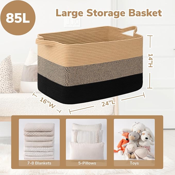 Goodpick 85L Large Woven Blanket Basket, Pillows & Toys, Living Room, Bedroom & - Image 3