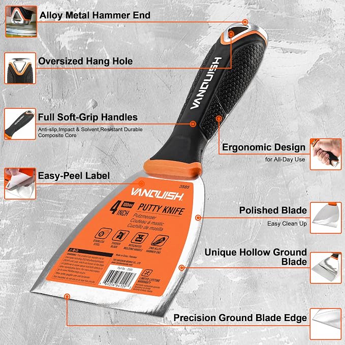 VANQUISH Stainless Steel Putty Knife, 4 Inch Paint Scraper - Image 3