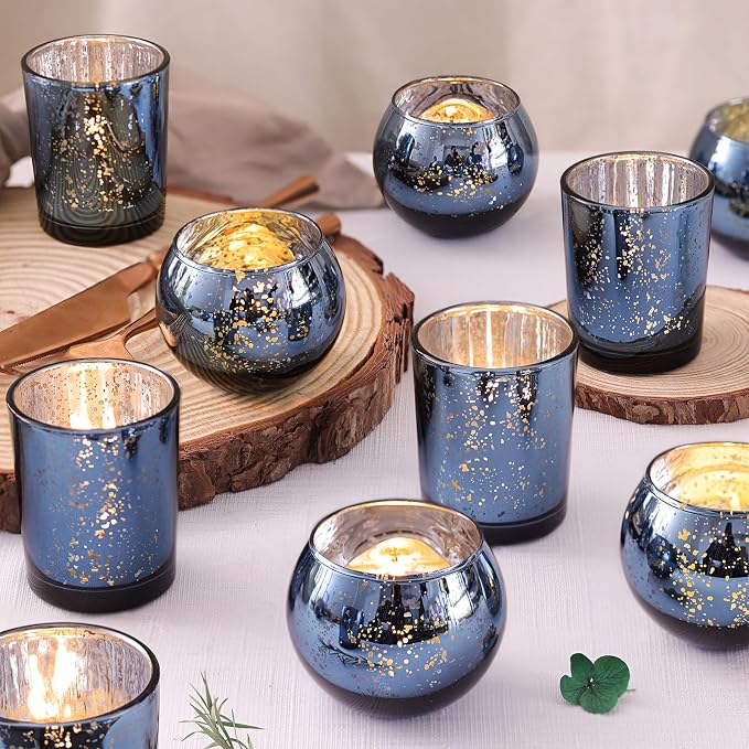 12PCS Assorted Blue Votive Candle Holders, Mercury Tealight Candle Holder Glass by DEVI