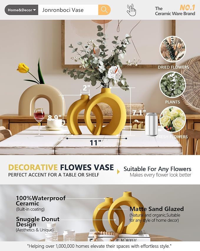 Set of 2 Yellow Ceramic Vases for Home Decor Accents - Image 2