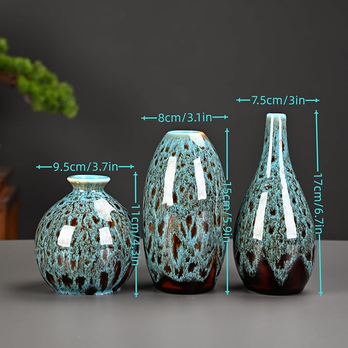 Ceramic Bud Vase Set, Fambe Blue Glazed Finish, Decorative Flower Vases - Image 6