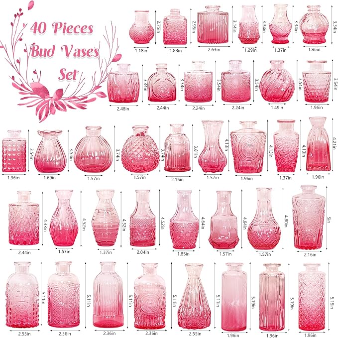 Set of 40 Glass Bud Vases, Small Pink Glass Vases in Bulk, Mini Vintage - Image 2