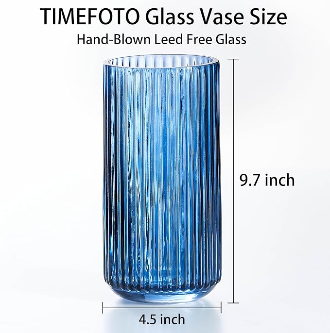 10 inch Blue Glass Flower Vase for Pampas Grass, Medium Decorative Centerpiece - Image 3