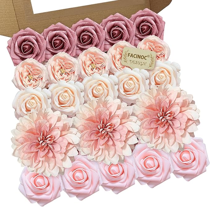 FACINOC Pink Roses Artificial Flowers Dusty Blush Fake Flower Bulk Box Set | by FACINOC