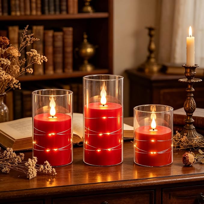 Da by 3 Pack Red Transparent Acrylic Flameless Taper Candles, Flickering Black - Image 2
