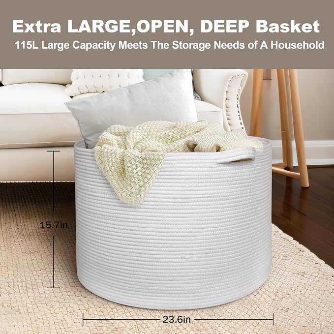 115L White Cotton Rope Storage Basket, 23.6"x15.7" Extra Large Blanket Storage - Image 3