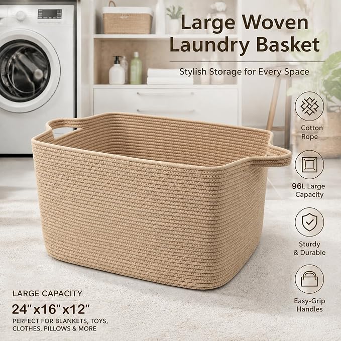 96L Woven Laundry Basket with Handles, Extra Blanket Basket, Jute | 24"×16"×15" - Image 5