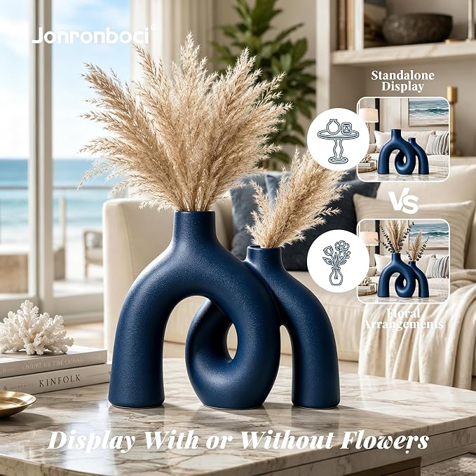 Blue Vase Set, Hug Donut Navy Ceramic Vases - Image 5
