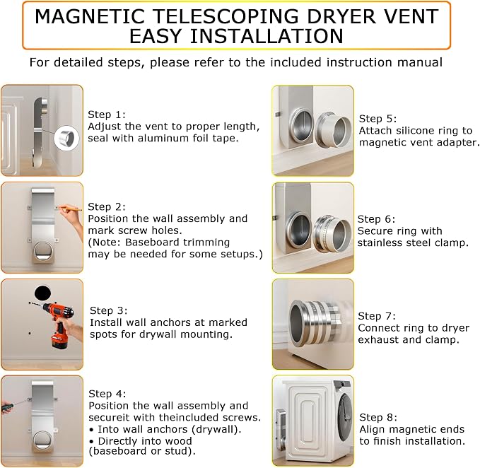 Magnetic Periscope Dryer Vent, 9.5-14.5" Adjustable Low Profile 4 Inch Dryer - Image 7