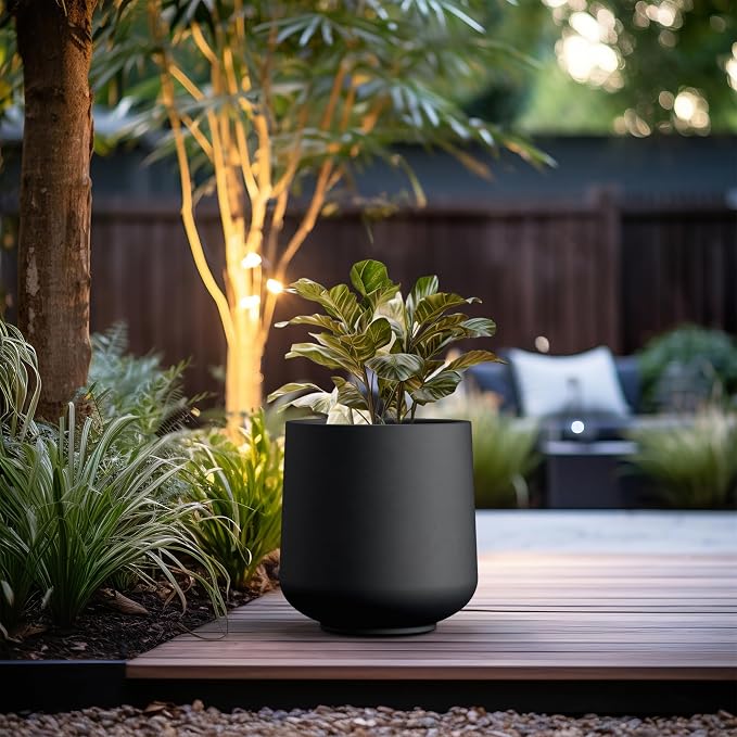 Kante Large Round Curved Black Concrete Planter 16.5" Dia, Outdoor | Rubber Plug - Image 6
