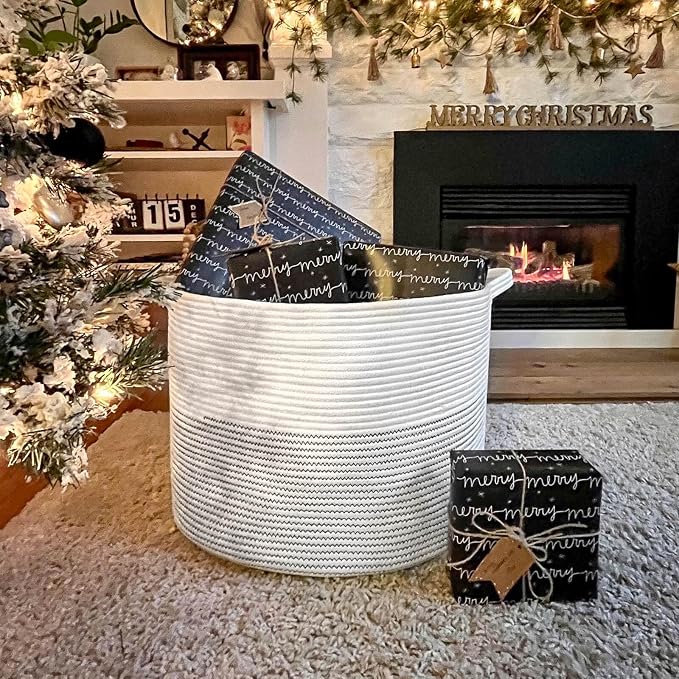 INDRESSME XXXLarge Woven Rope Blanket Basket Living Room White, 90L | 21.7" x - Image 8