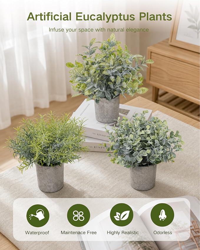 Velener Set of 3 Small Fake Plants Eucalyptus, Artificial Plants Indoor - Image 3