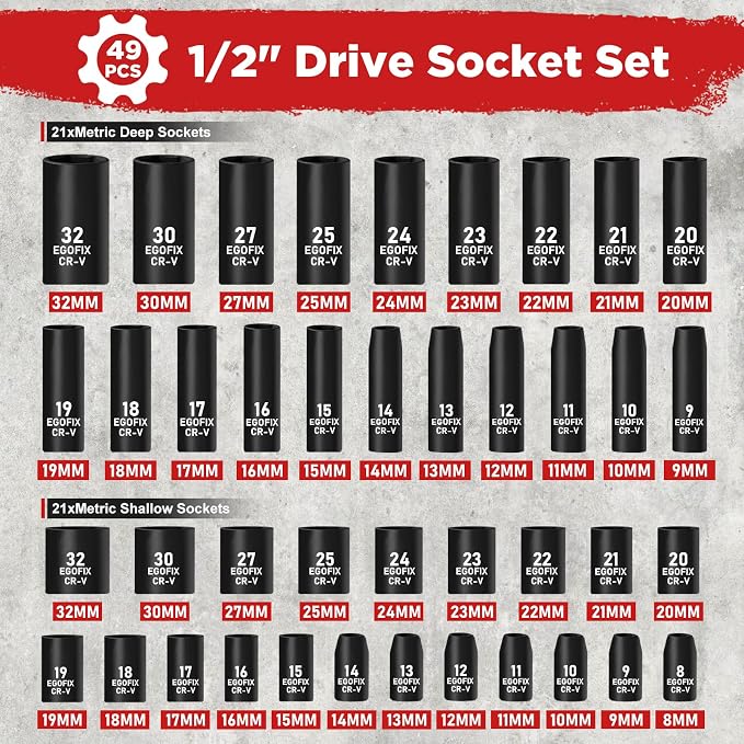 1/2" Drive Impact Socket Set 49 Piece, Standard and Deep Metric Socket - Image 2