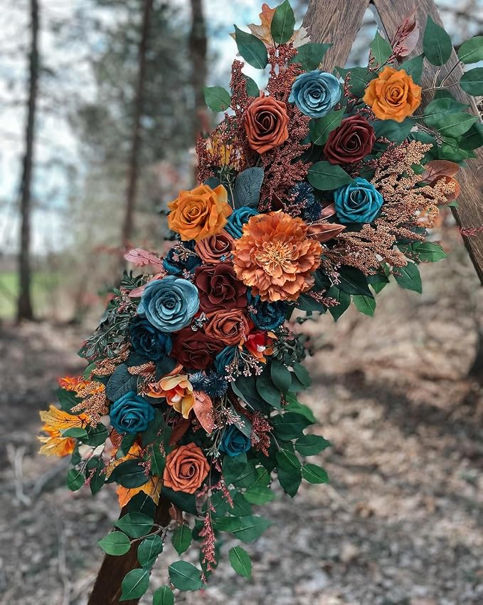 FACINOC Roses Artificial Flowers Teal Orange Bouquet Fall Fake Flower Combo | - Image 5