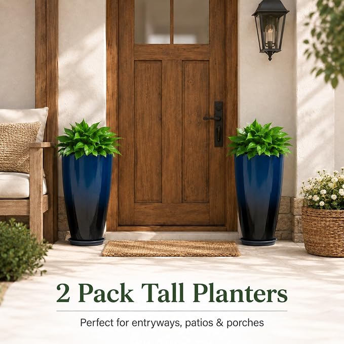 Neoaider Set of 2 Tall Planter, 21 inch Large Plastic Planter, Dark Blue | - Image 4