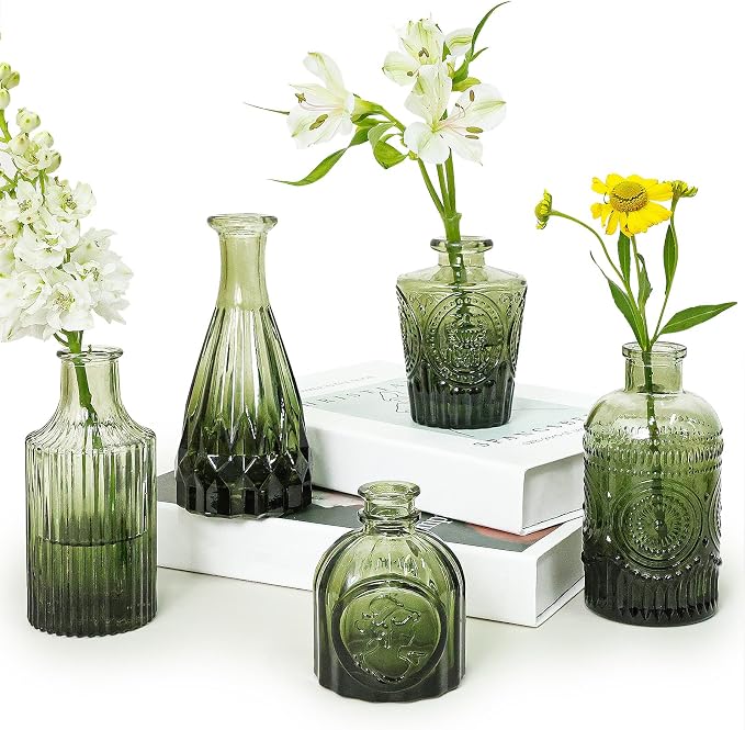 SUPMIND Glass Bud Vase Set of 5, Small Green Flower Vases by SUPMIND