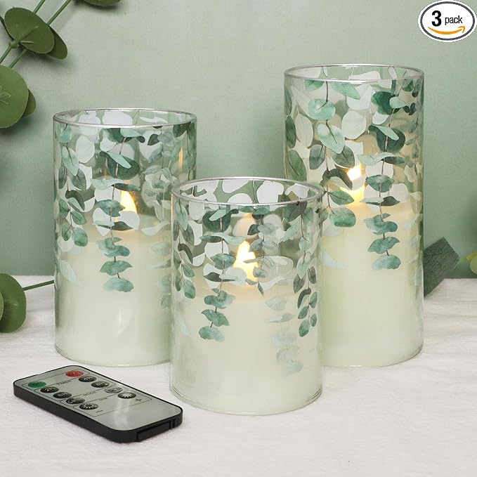 Green Glass Flameless Candles Remote Timer Eucalyptus Leaves Greenery Design by immeiscent