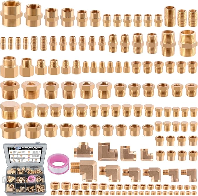 156PCS Brass Pipe Fittings Kit, 1/8" 1/4" 3/8" 1/2" 3/4" NPT | Brass Fitting by Ailbiuko