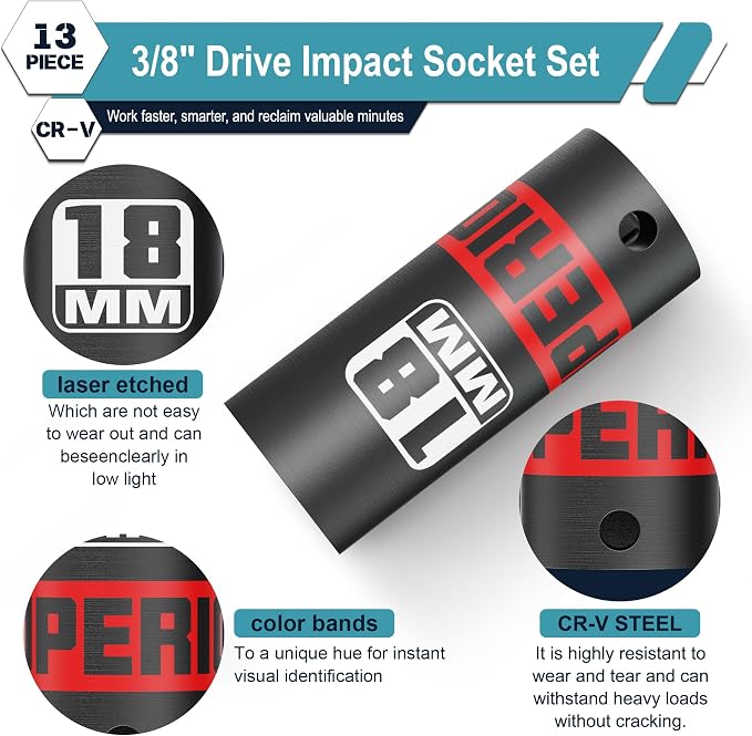 13 Piece 3/8" Drive Impact Socket Set, 7 mm-19 mm Deep Socket, 6 Point - Image 4
