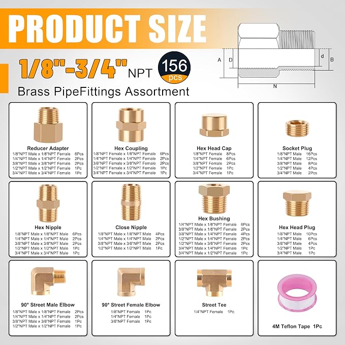 156PCS Brass Pipe Fittings Kit, 1/8" 1/4" 3/8" 1/2" 3/4" NPT | Brass Fitting - Image 2