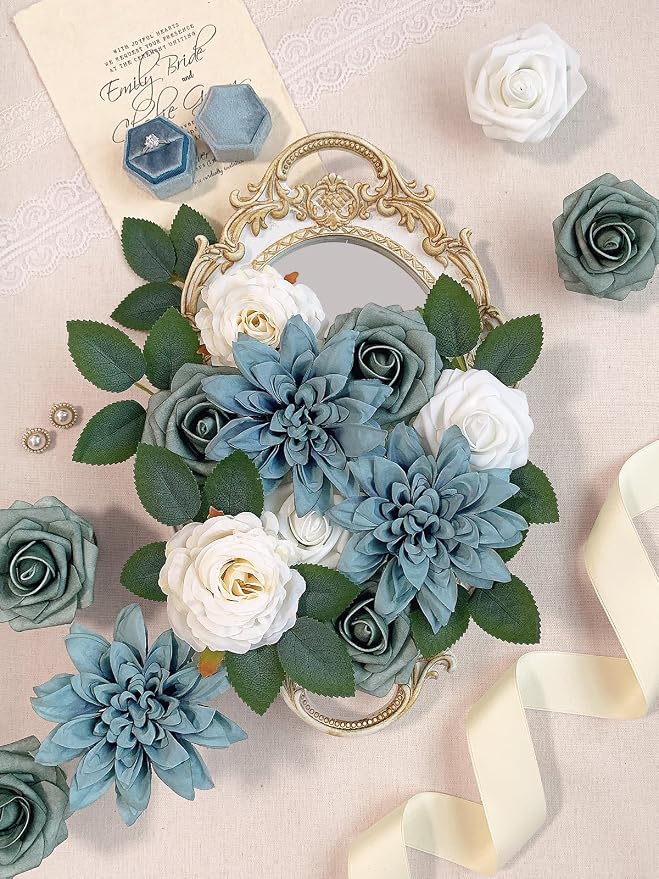 FACINOC Roses Artificial Flowers Dusty Blue Fake Flower - Image 3