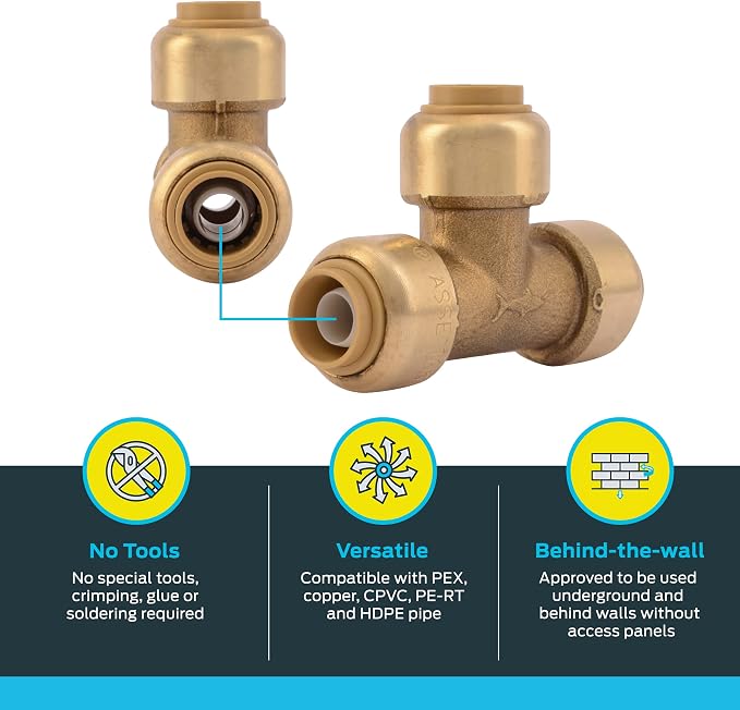 SharkBite 3/8 Inch Tee, Push to Connect Brass Plumbing Fitting, PEX Pipe - Image 3