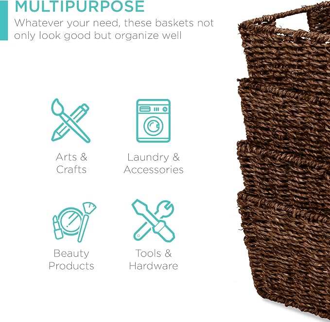 Best Choice Products Rustic Set Of 4 Multipurpose Stackable Seagrass Storage - Image 3