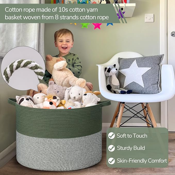 INDRESSME 115L Extra Large Woven Rope Blanket Basket Living Room Green | 23.6" - Image 3
