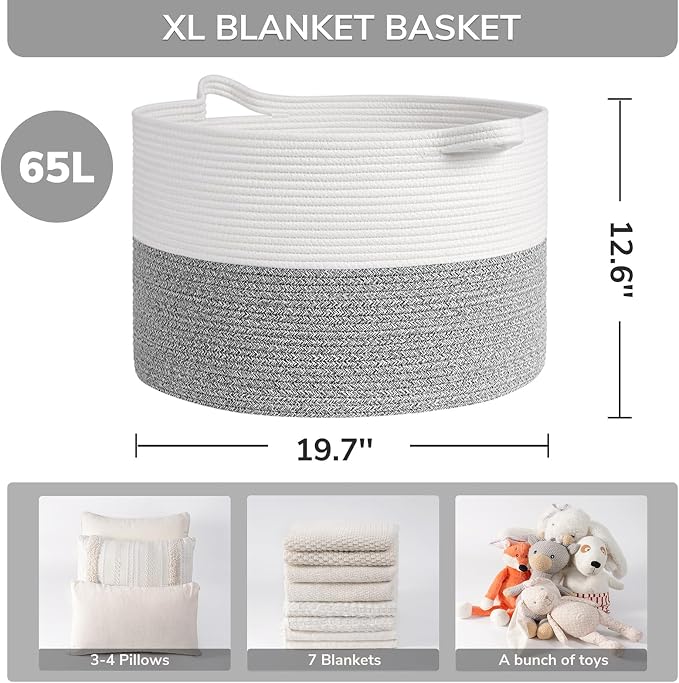 INDRESSME Large Woven Rope Blanket Basket Living Room Light Grey, 65L | 19.7" x - Image 2