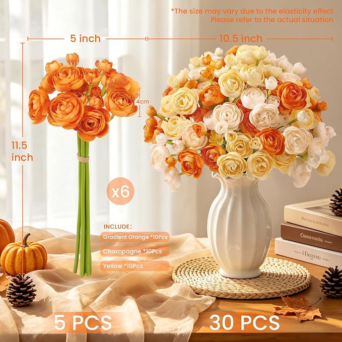 Alupssuc 30Pcs Ranunculus Artificial Flowers Fall Faux Silk Mini Ranunculus | - Image 3