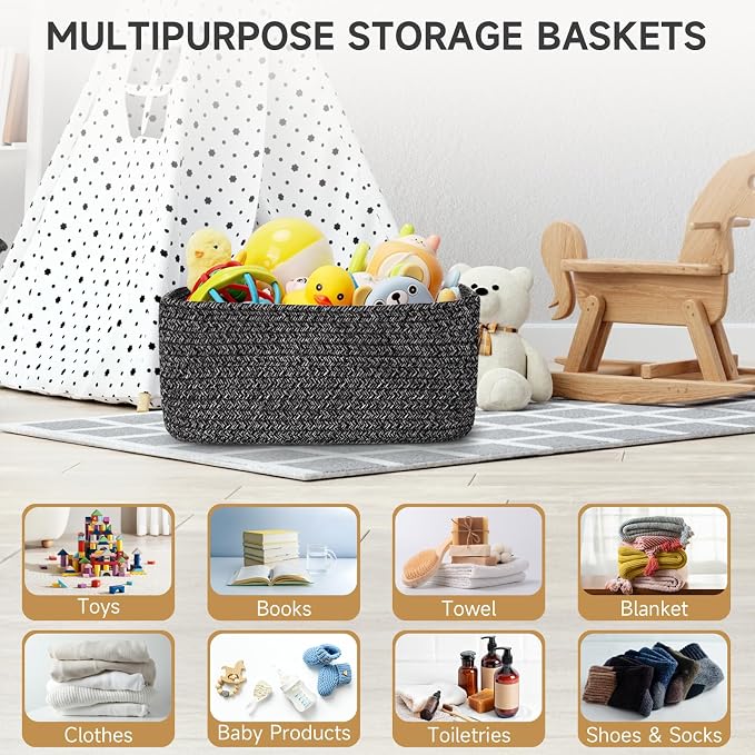 3 Pack Storage Baskets for Organizing, 13.7×9.5×6.3", Mixed Black | Woven - Image 6