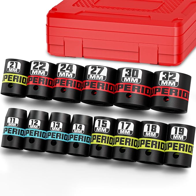 14 Piece 1/2" Drive Impact Socket Set, 11 mm-32 mm Shallow Socket, 6 Point by Aiourx