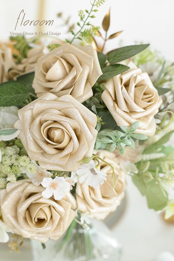 Artificial Flowers 25pcs Real Looking Champagne Gold Foam Fake Roses - Image 5