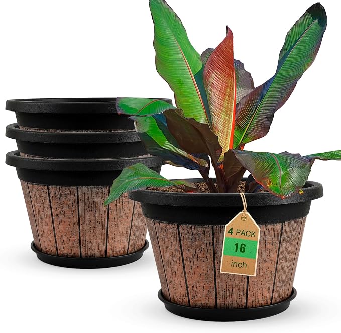 4 Pack 16 inch Plant Pots, Whiskey Barrel Planters by Quarut