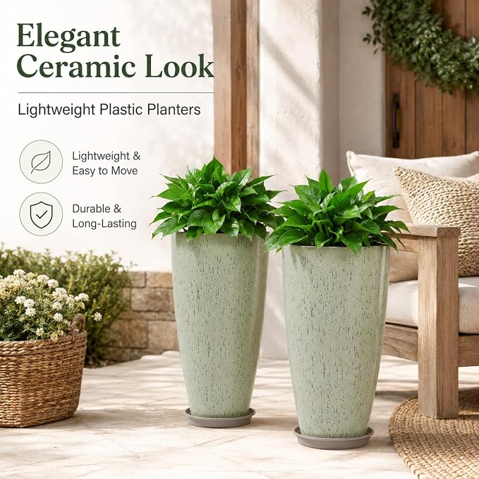 Neoaider Set of 2 Tall Planter, 21 inch Large Plastic Planter, Drip Glaze | - Image 2