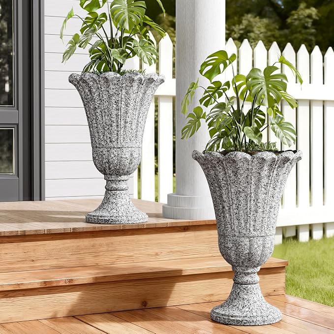 Tall Plastic Urn Planters and Pedestal by Outdoorchairs
