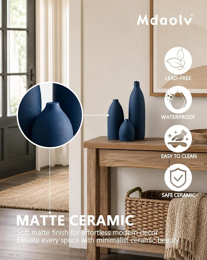 Mdaolv Matte Blue Vase Set Navy Blue Decor Coastal Decor Vases - Image 3