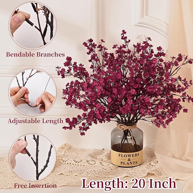 5 Pcs Fall Flowers, Real Touch Babys Breath Artificial Flowers, Burgundy | - Image 5