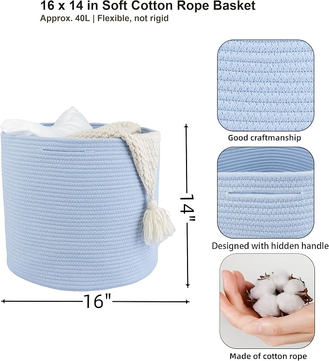 XUANGUO Cotton Rope Basket For Girls Boys Kids 16”X14 Blue | Baby Laundry - Image 2