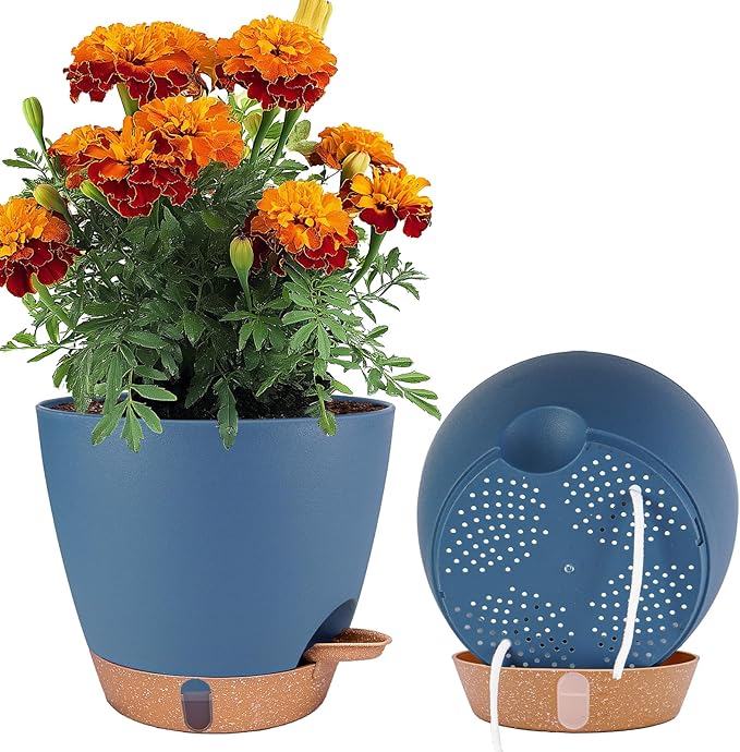 2 Pack 8 inch Plant Pots, Plastic Self Watering Planters | Drainage Holes by Fielda
