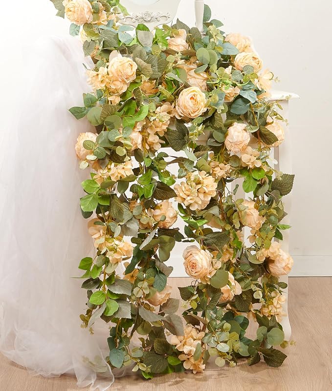 Artificial Flower Garland 2pcs 5.4ft Rose & Hydrangea Vine Champagne Flower | - Image 4