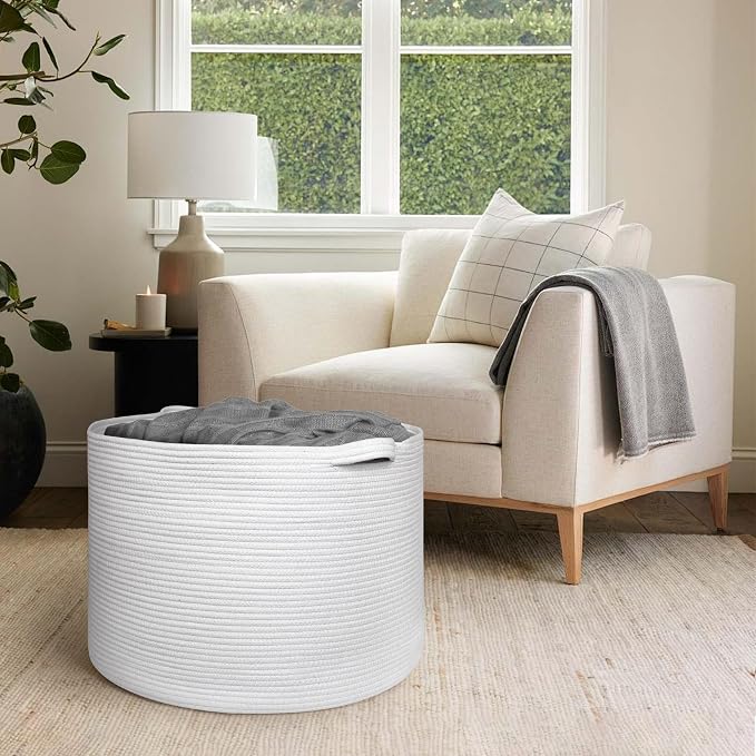 115L White Cotton Rope Storage Basket, 23.6"x15.7" Extra Large Blanket Storage - Image 4